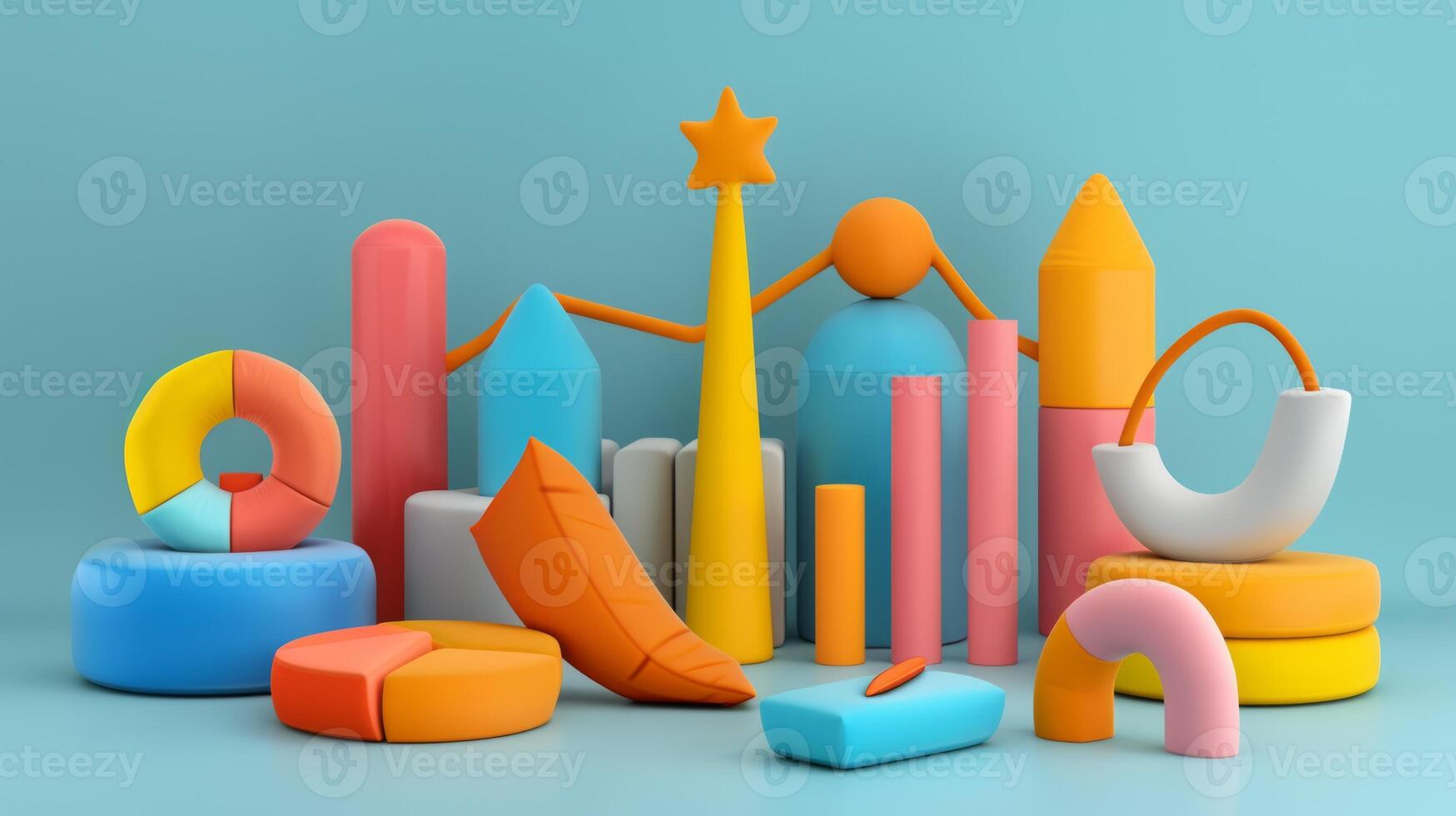 Colorful Geometric Shapes and Graphs 3D Illustration on Blue Background photo
