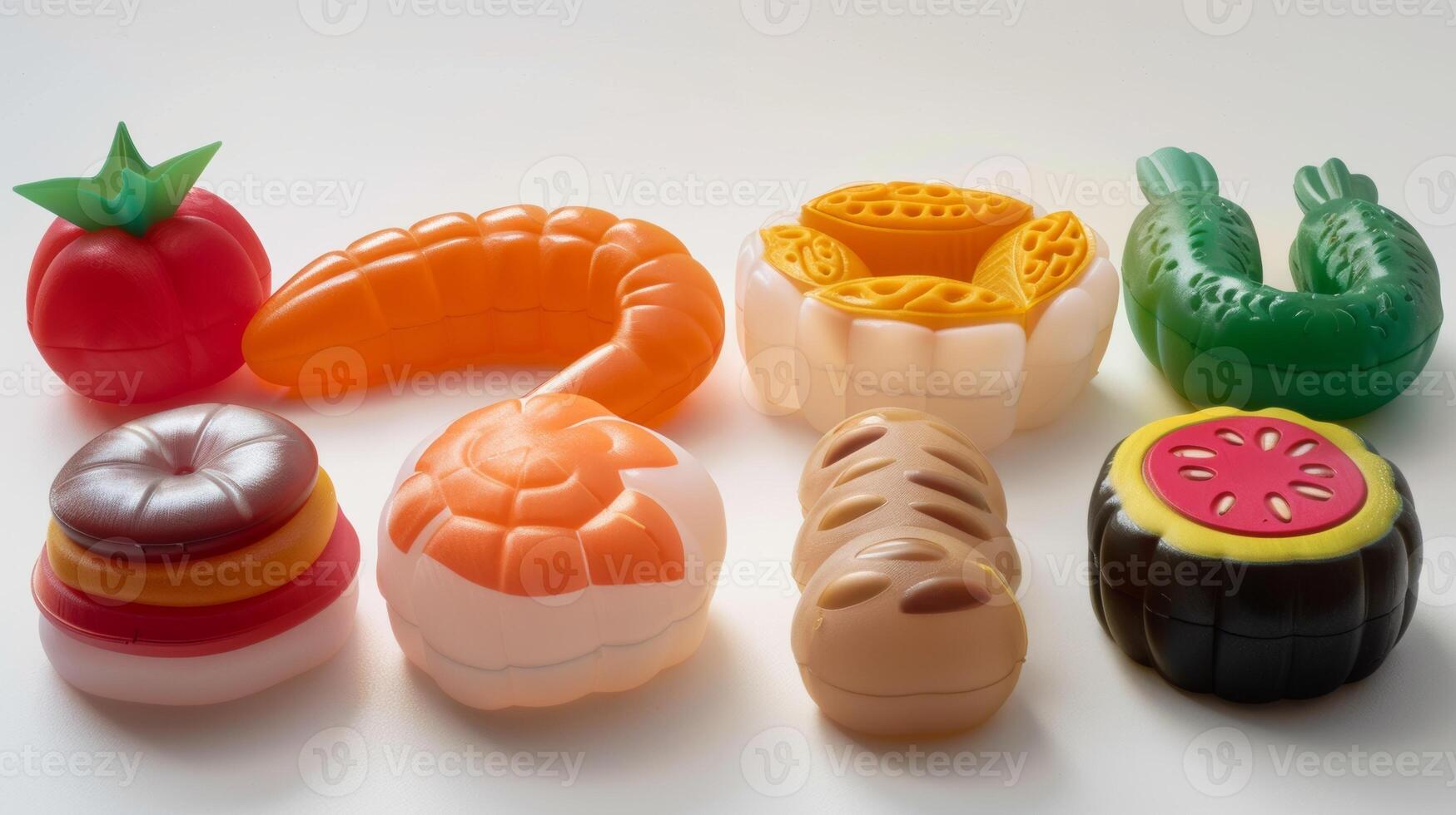 Colorful Toy Food Arrangement Featuring Vegetables, Shrimp, and Pastries photo