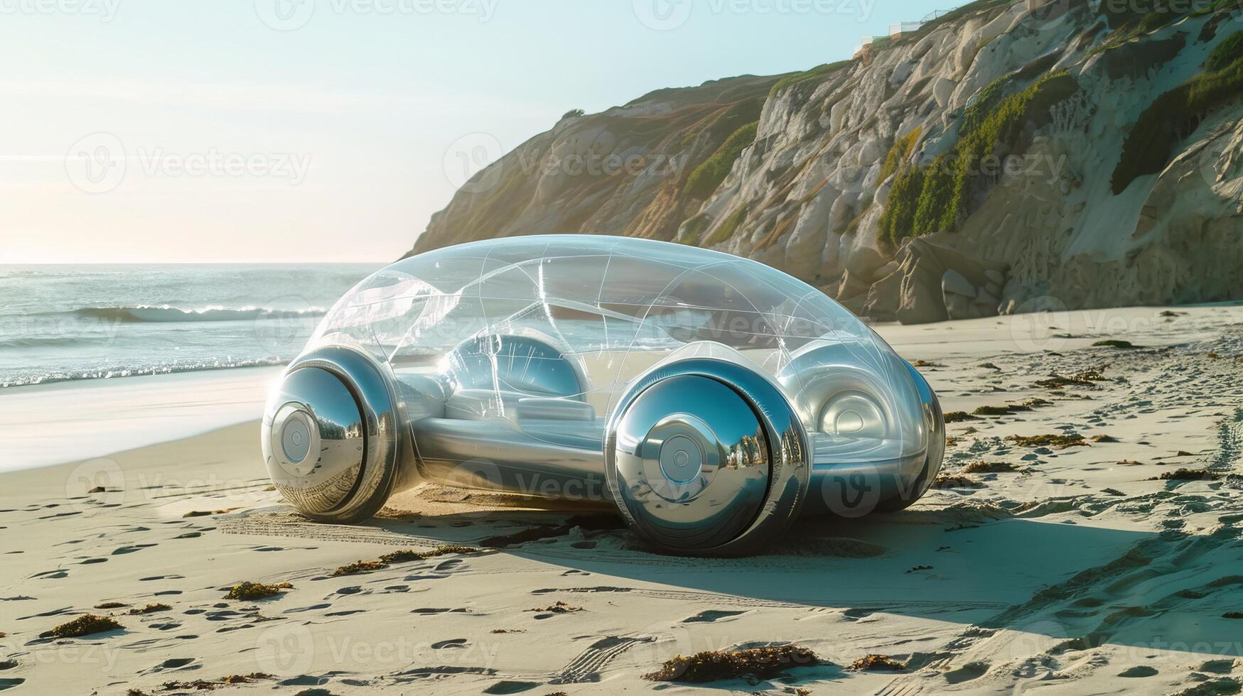 Futuristic Transparent Concept Car on a Scenic Beach with Rugged Cliffs and Ocean Waves photo