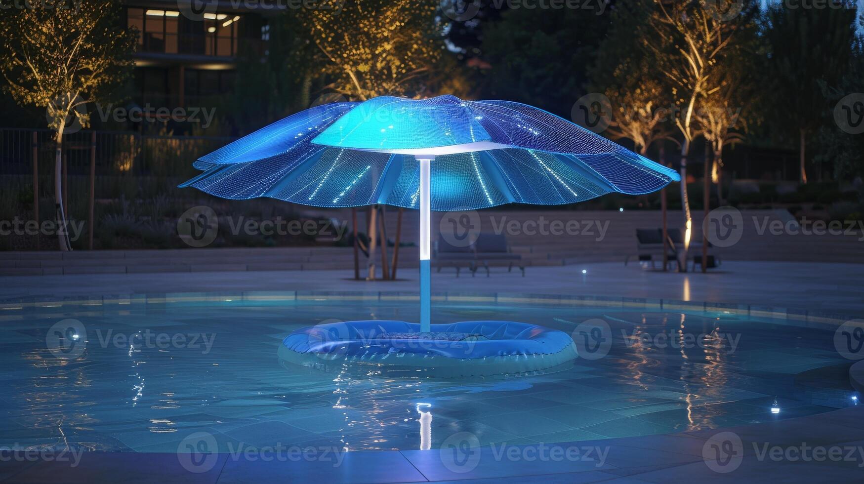 Illuminated Floating Umbrella in Modern Pool at Night with Glowing Lights and Tranquil Atmosphere photo
