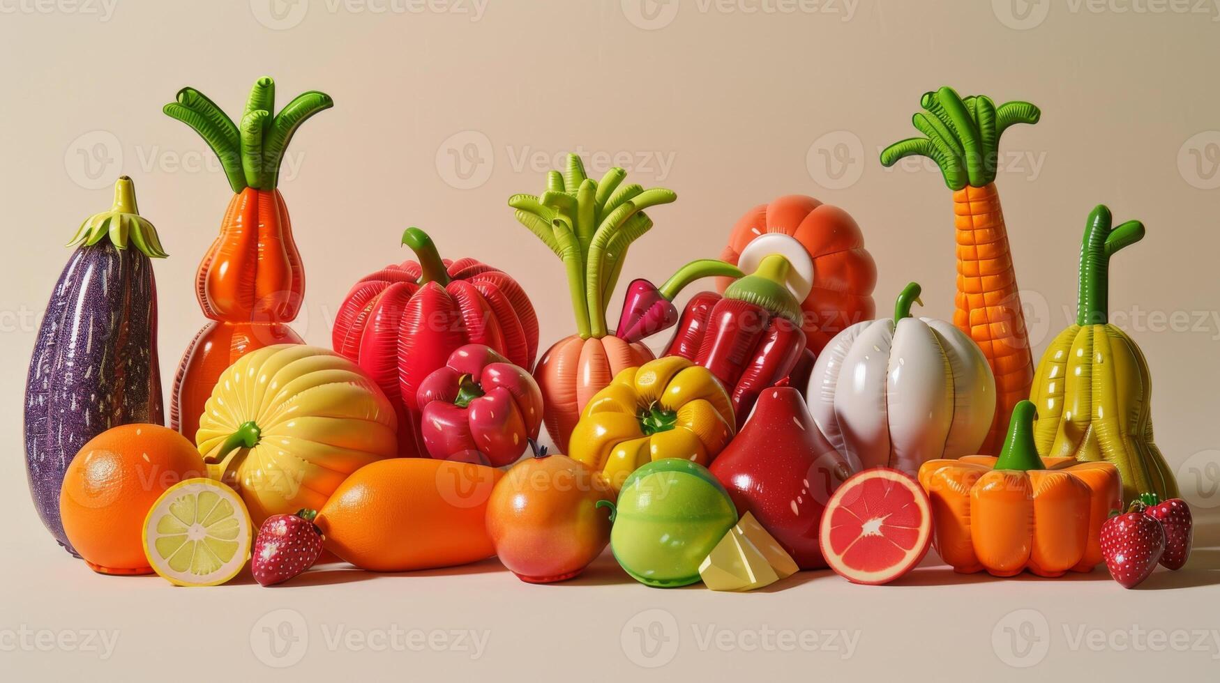 Vibrant Assortment of Inflatable Fruits and Vegetables in Colorful Display for Fun and Play photo