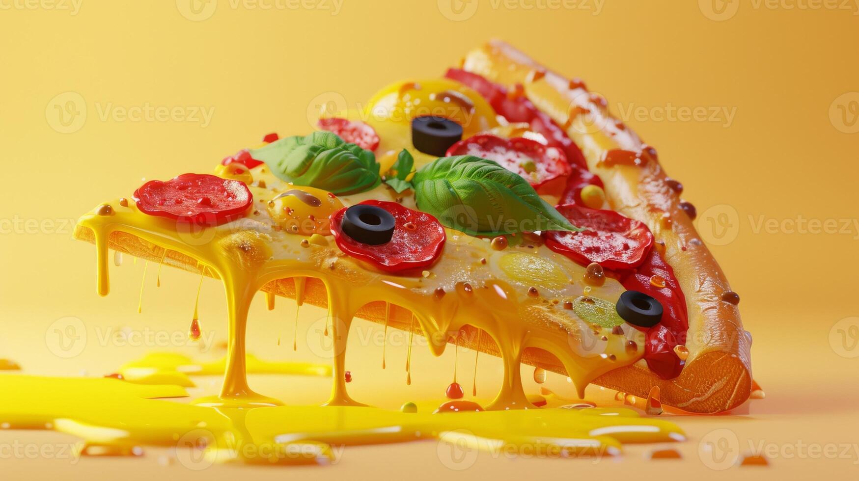 Delicious Melting Pizza Slice with Pepperoni, Basil, and Olives on Yellow Background photo