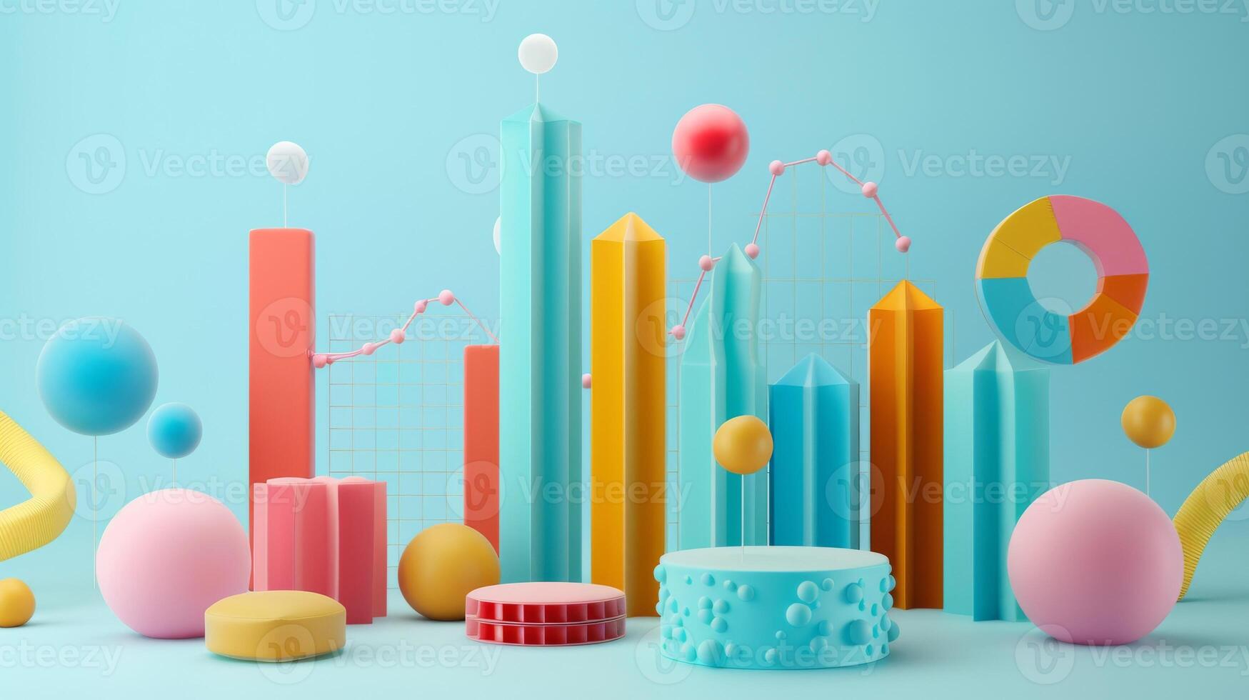 Colorful 3D Rendered Abstract Business Analytics Charts and Graphs on Blue Background photo