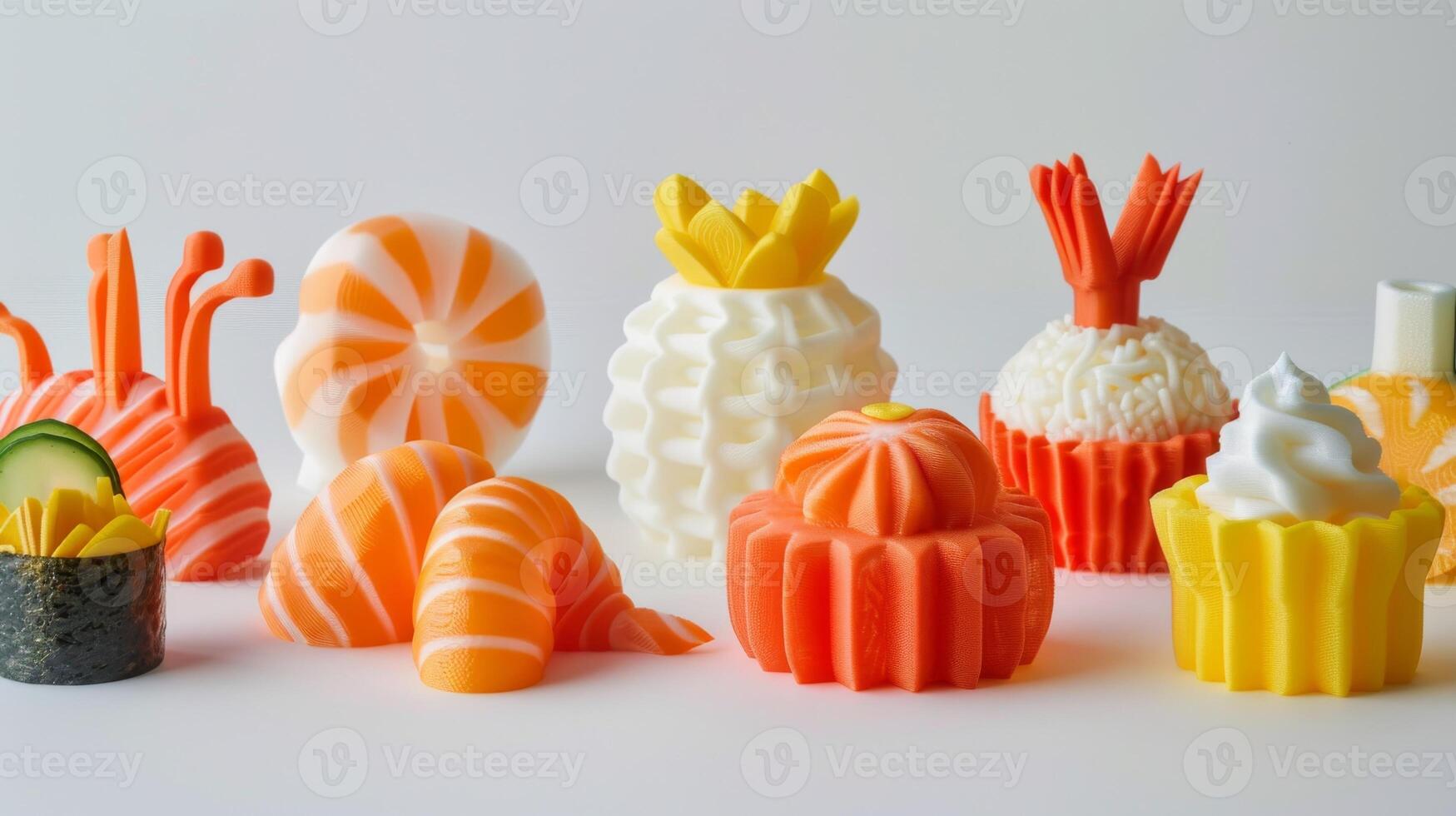 Colorful and Creative 3D Printed Food Sculptures on White Background photo