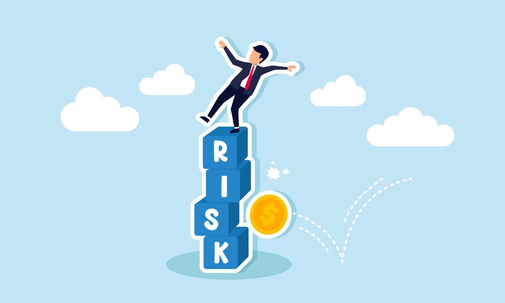 Investment risk stock market volatility, price drops, stability, and uncertainty, concept of A businessman investor falls from a stack of blocks labeled RISK, hit by a money coin vector