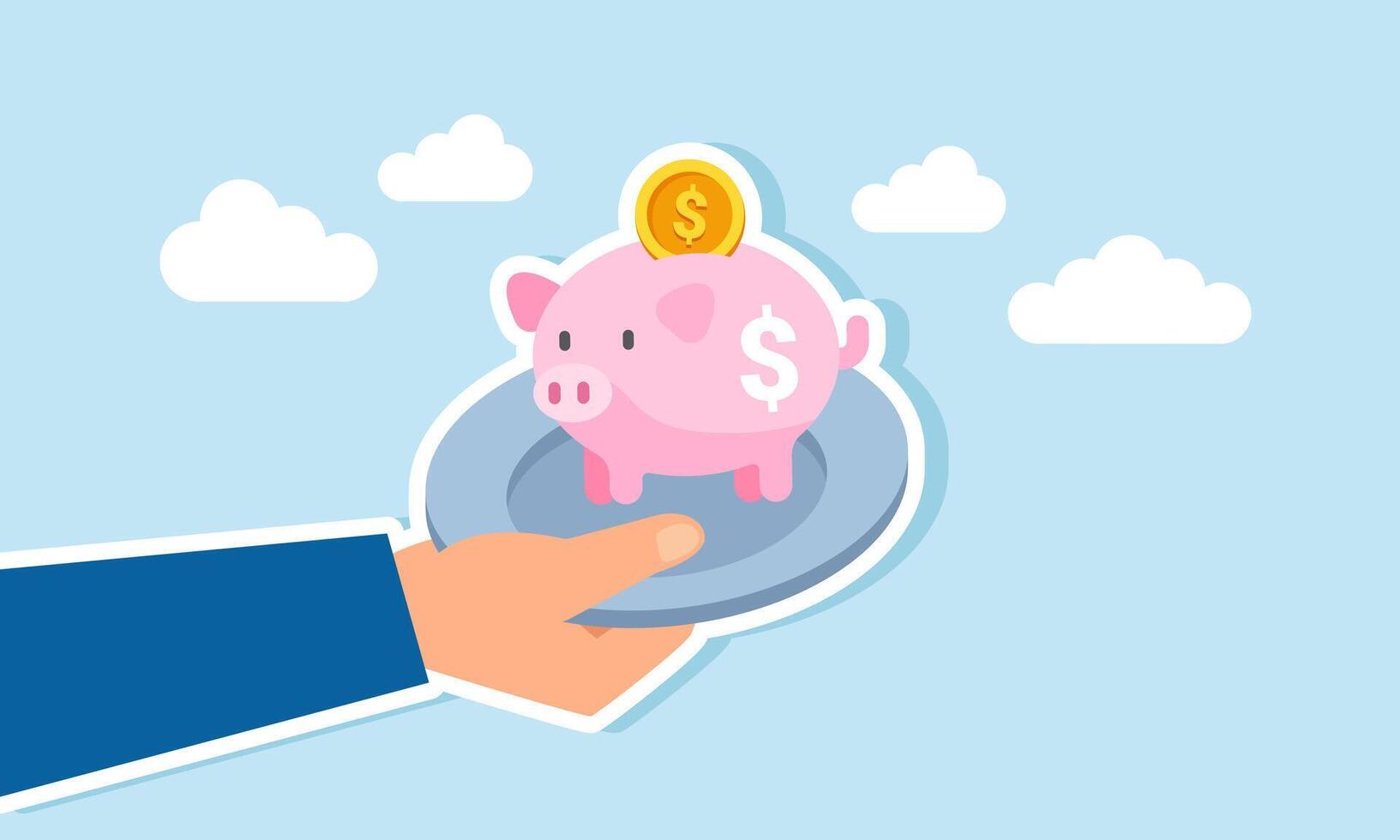 Offering investment and savings services top wealth management, business loans, mutual funds, and financial solutions, concept of A professional businessman serves a precious piggy bank vector