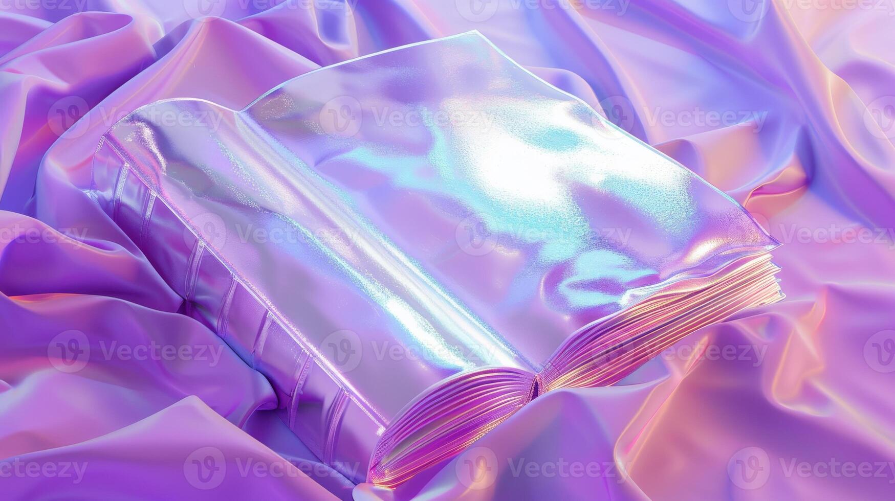 Futuristic Holographic Book on Iridescent Silk Fabric in Soft Neon Lights photo