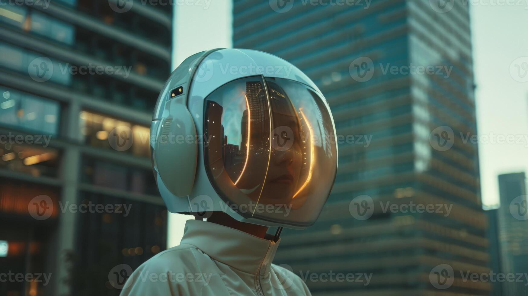 Futuristic Sci-Fi Helmet on Urban Skyline Background. Modern Technology and Innovation in Cityscape photo
