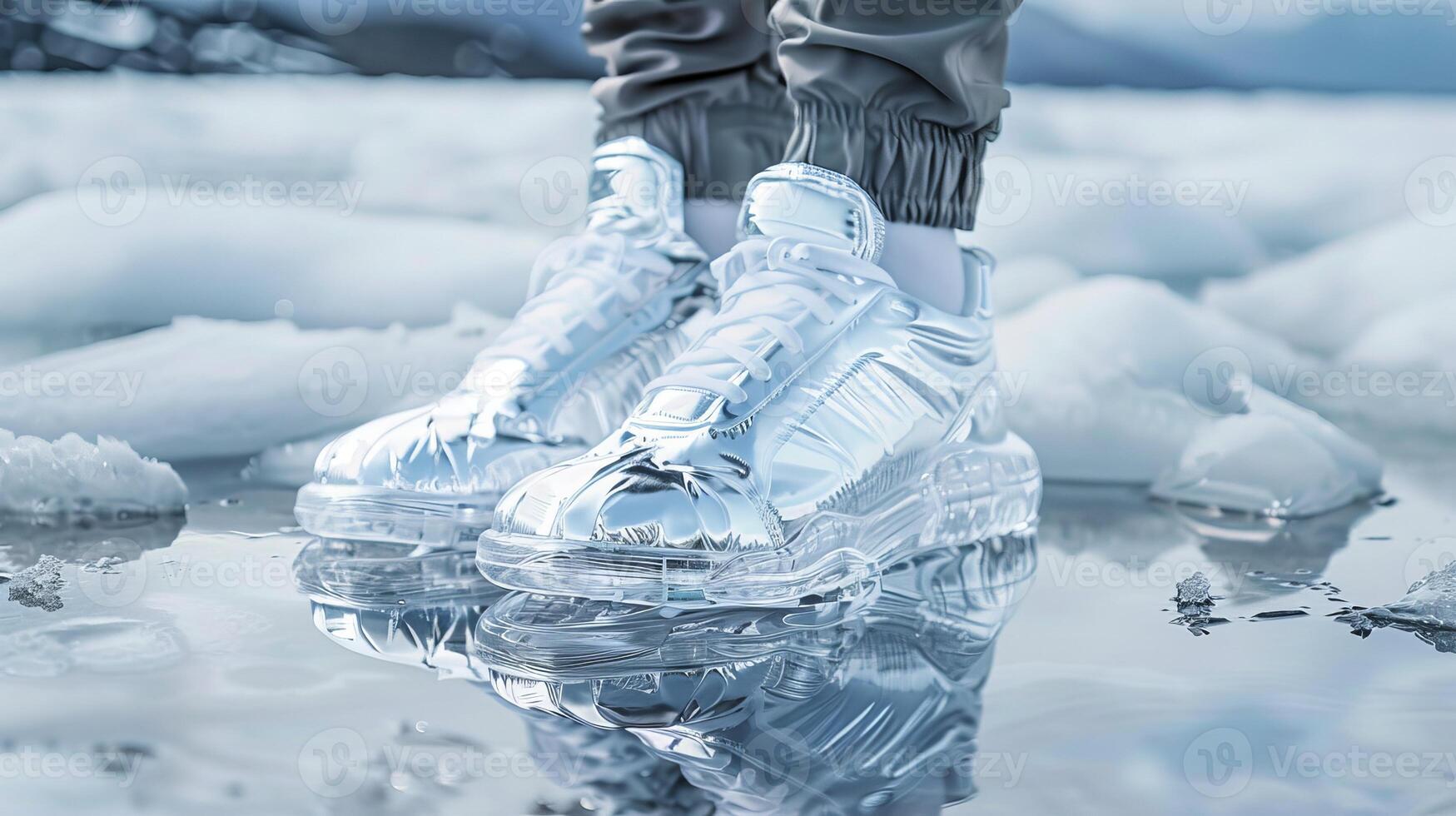 Futuristic Clear Sneakers on Ice Reflecting Winter Wonderland Landscape photo
