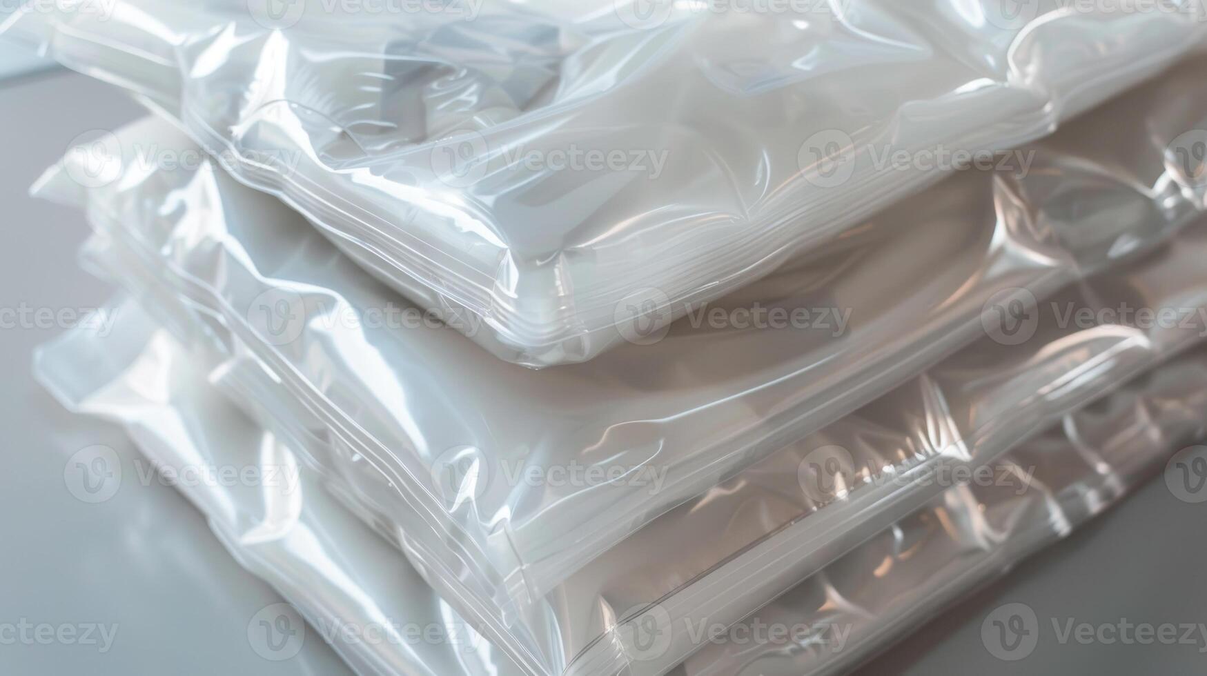 Stacked Vacuum-Sealed Plastic Bags. Modern Packaging Solutions for Storage and Preservation photo