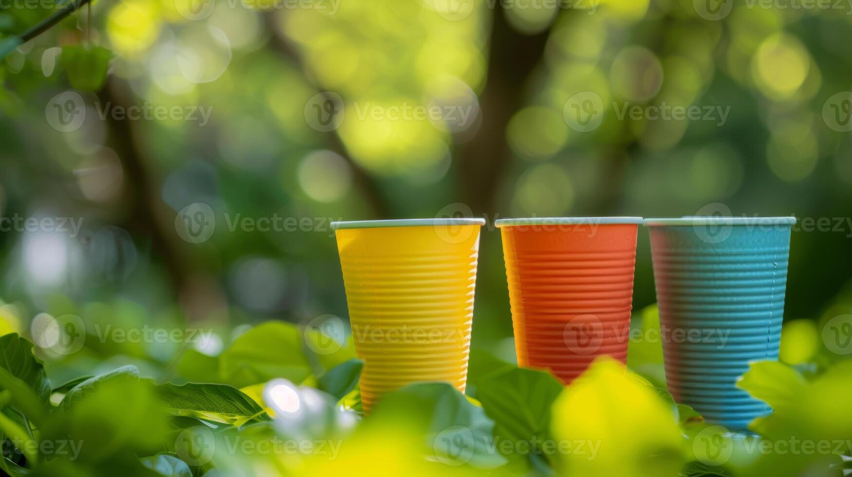 Vibrant Disposable Cups in Nature Setting with Bokeh Background photo