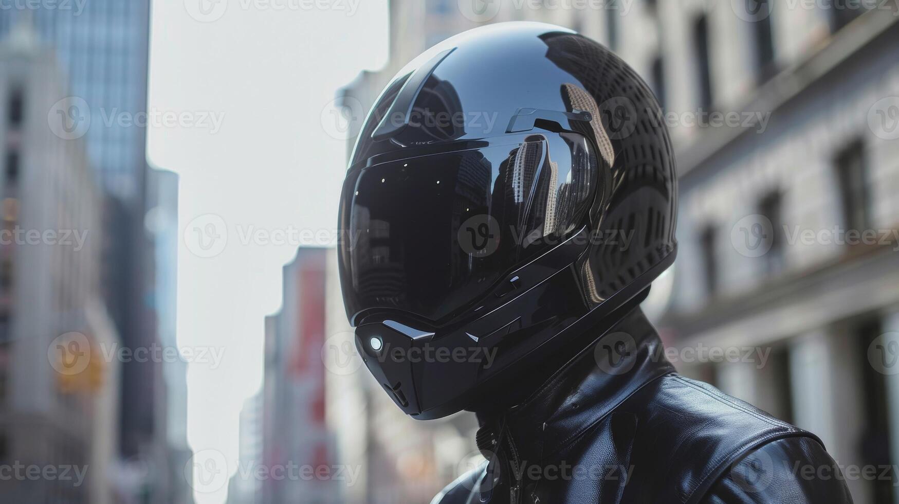Futuristic Motorcycle Helmet in Urban Setting with Reflective Visor photo