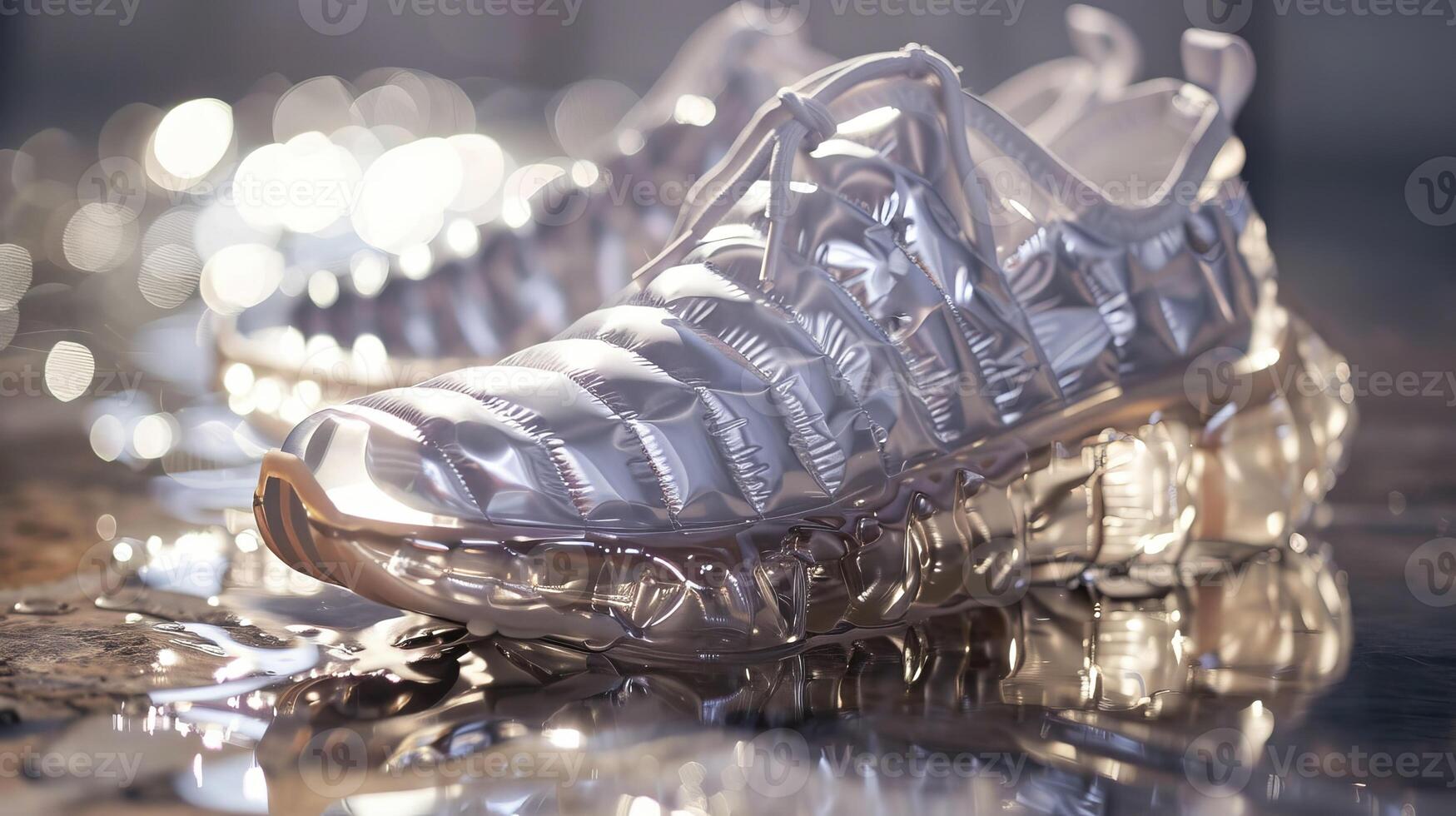 Futuristic Waterproof Sneakers with Transparent Soles on Wet Surface photo