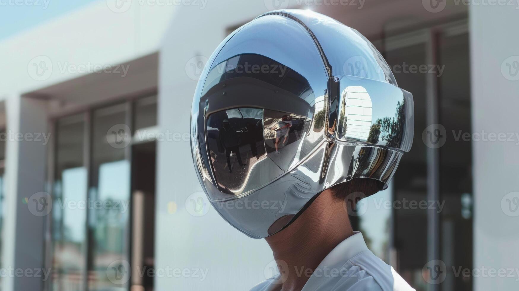 Futuristic Reflective Helmet Reflecting Modern Architecture and Clear Sky photo