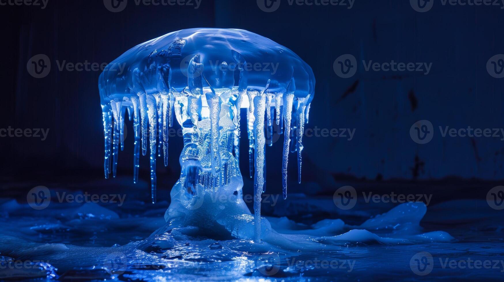 Glowing Ice Formation in Dark Environment. Blue Illuminated Icicles on Water photo