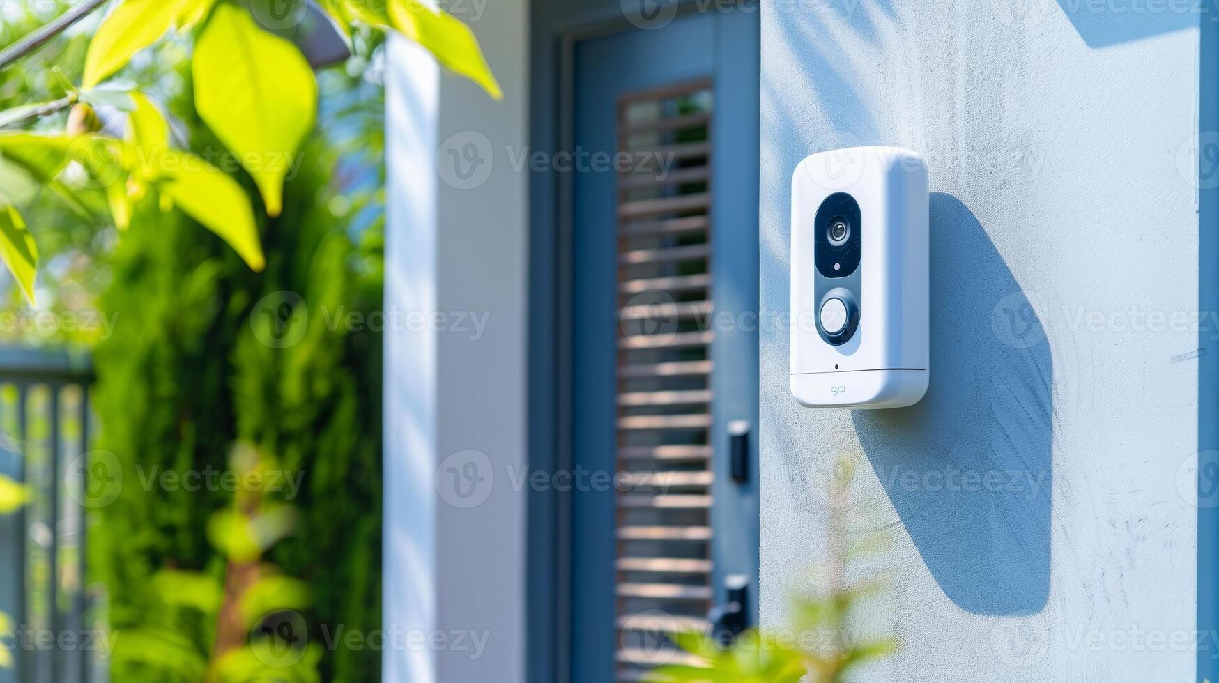 Modern Smart Home Surveillance. Outdoor Security Camera in Sunlit Garden photo