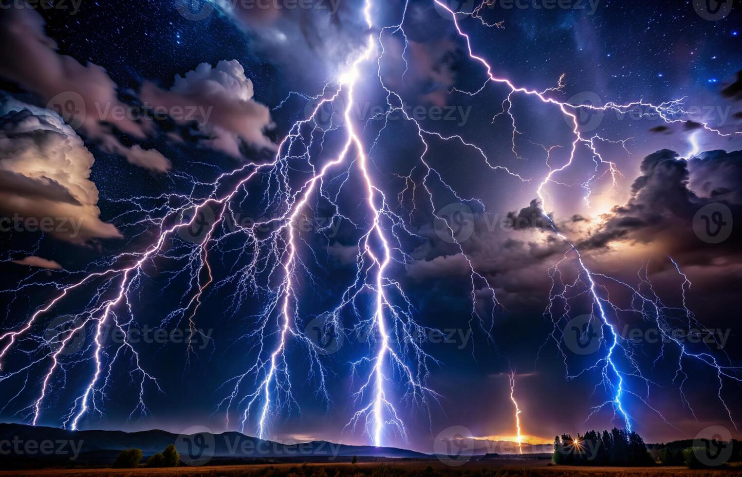 Lightning strike on the dark cloudy sky photo