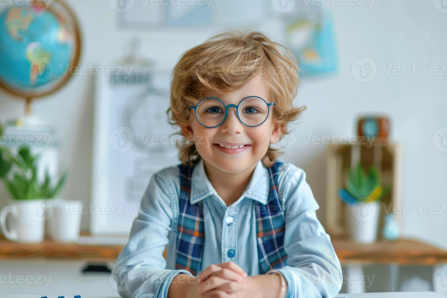 boy schoolboy in glasses sitting at table, school, studying, vision problem, vision correction, optics, ophthalmology photo