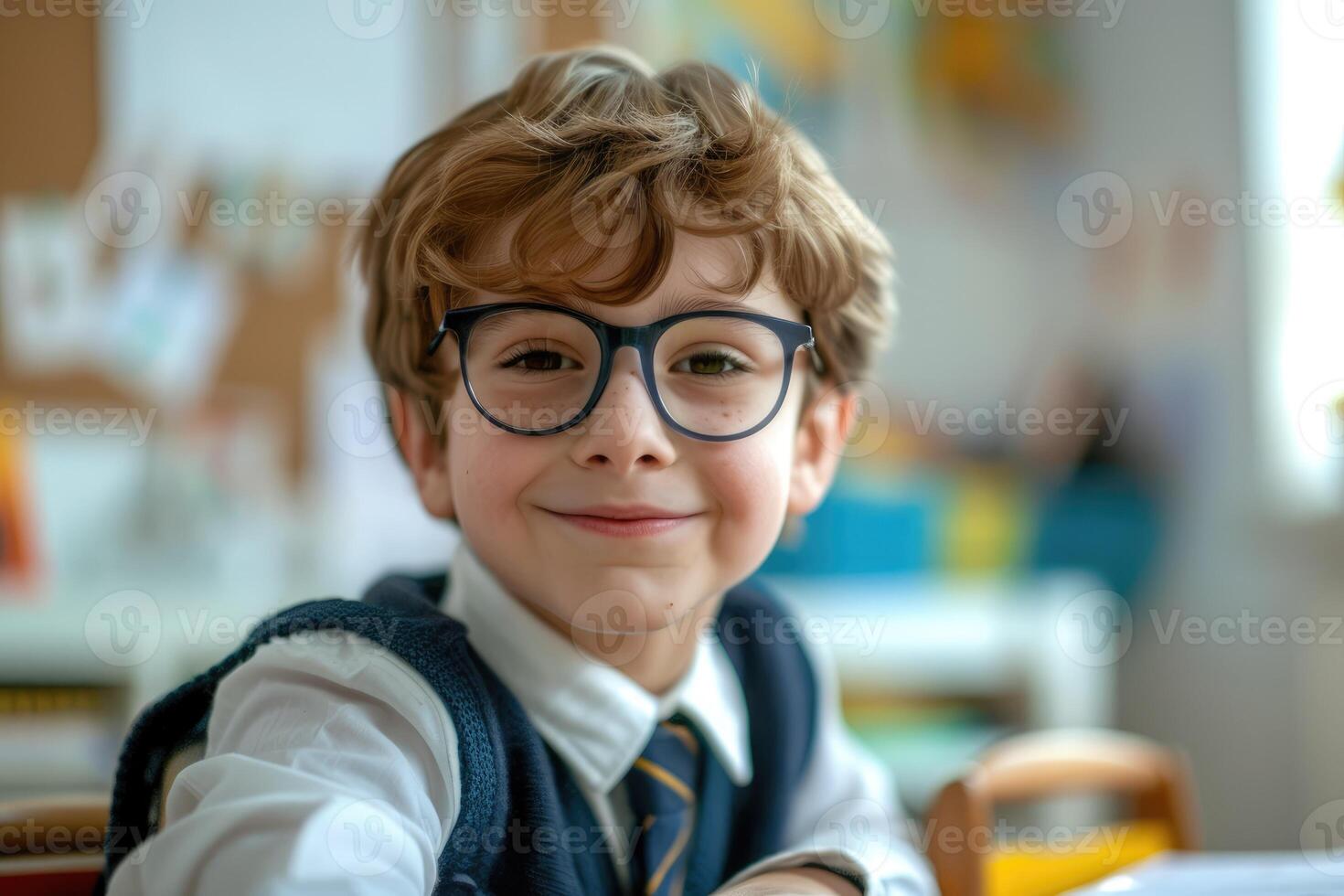 boy schoolboy in glasses sitting at table, school, studying, vision problem, vision correction, optics, ophthalmology photo
