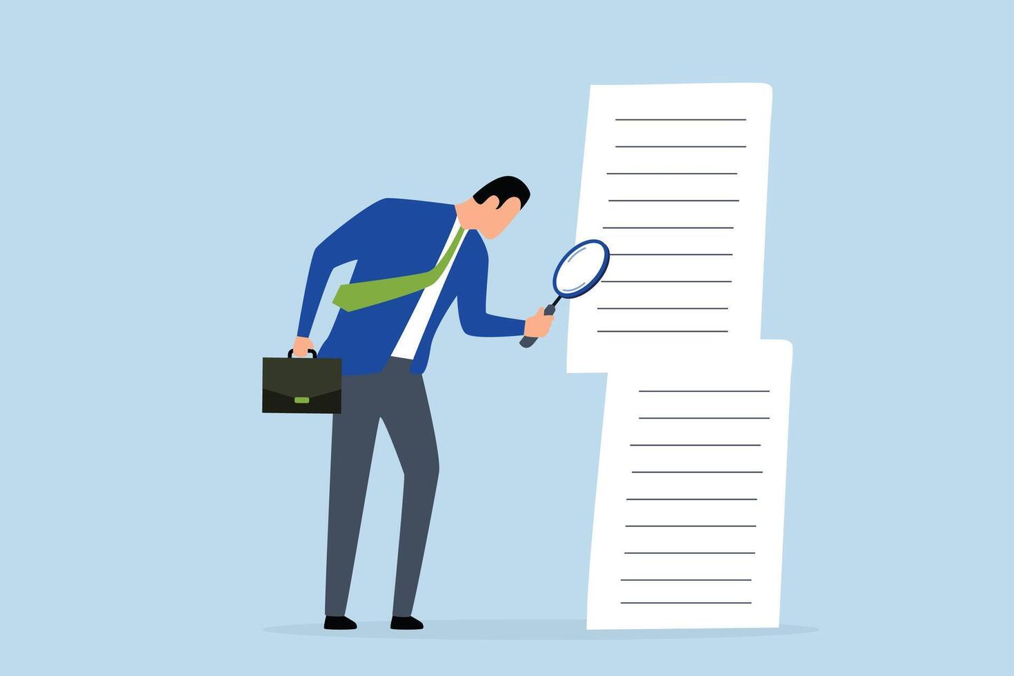 Document checking, businessman manager with big magnifying glass, checking document paper. vector