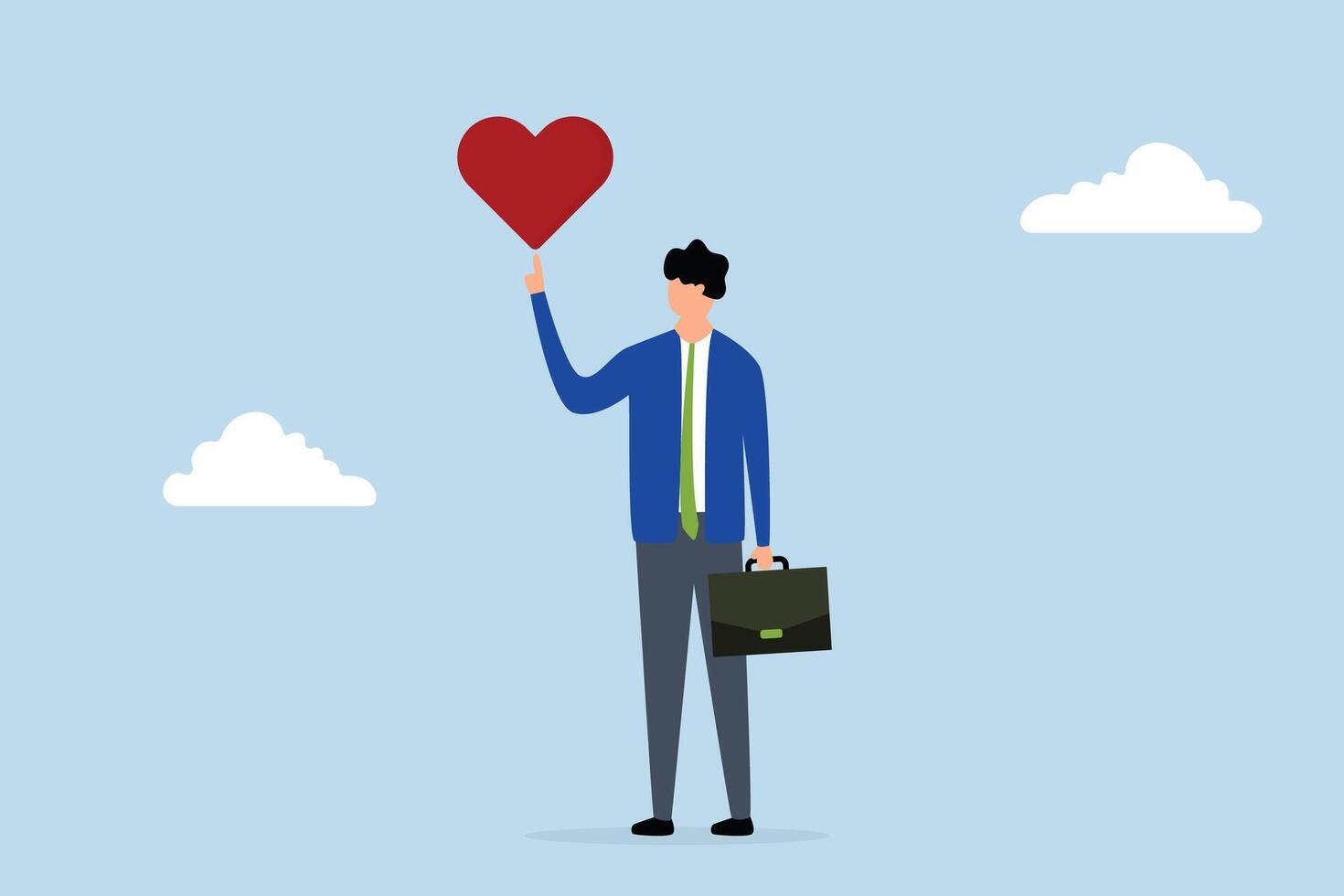Work passion to motivate career success, happy businessman with passionate heart shape walking to work. vector