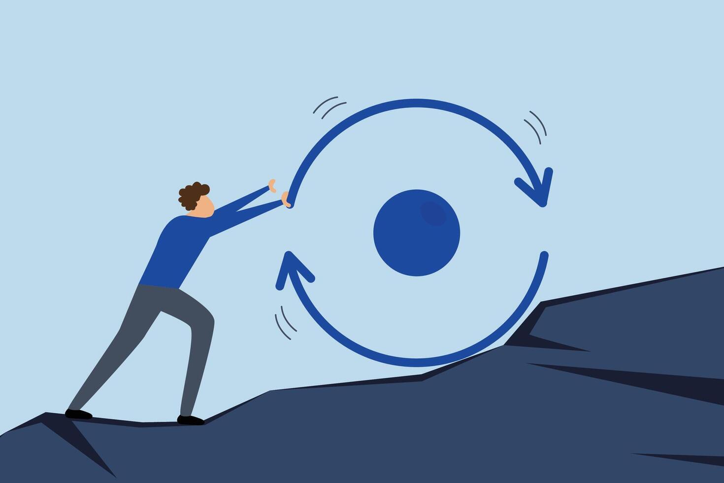 Consistency key to success, businessman pushes continuous circle symbol up mountain with full force. vector