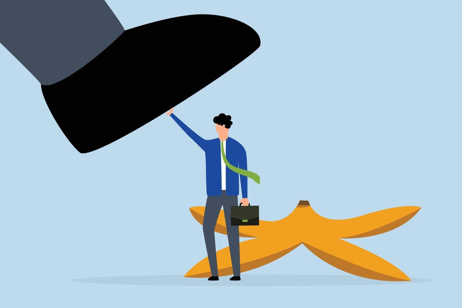Avoid business mistake, trust businessman hero protection from slippery banana peel. vector