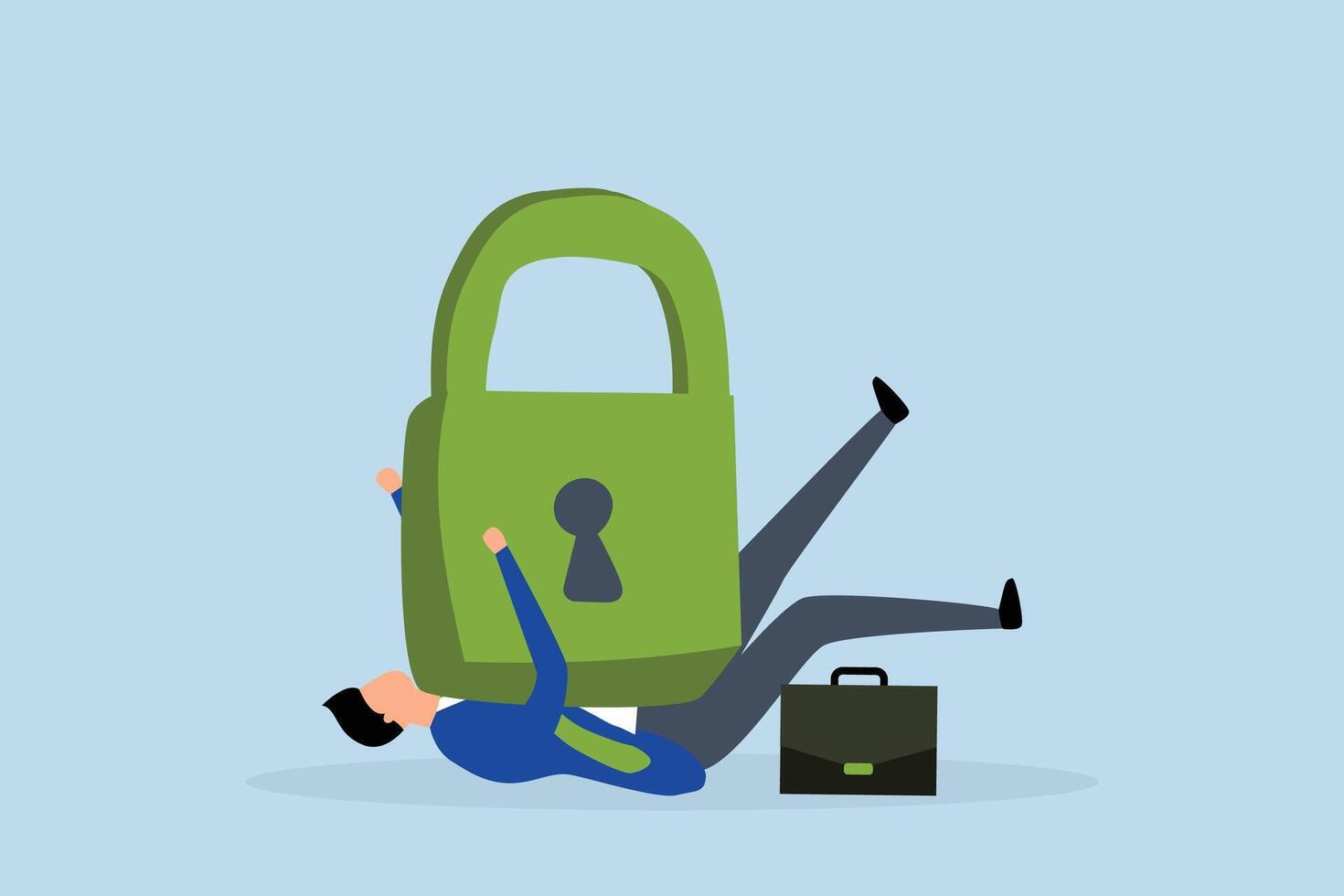 Business closing down, businessman dying in depression under burden of heavy lock pillow. vector