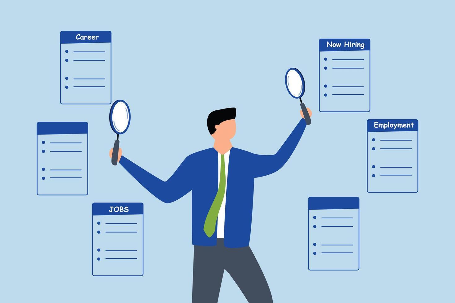 Job seeking, businessman using magnifying glass in two hands and looking for new career. vector