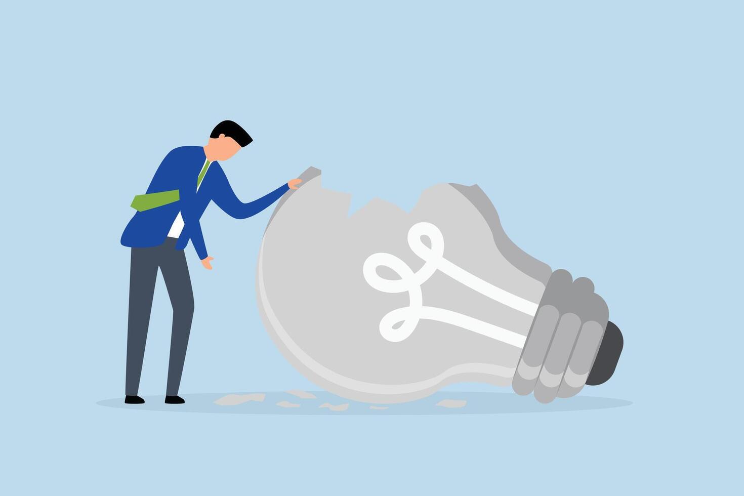 motivation after business failure, depressed businessman standing with old broken light bulb idea that failed miserably. vector