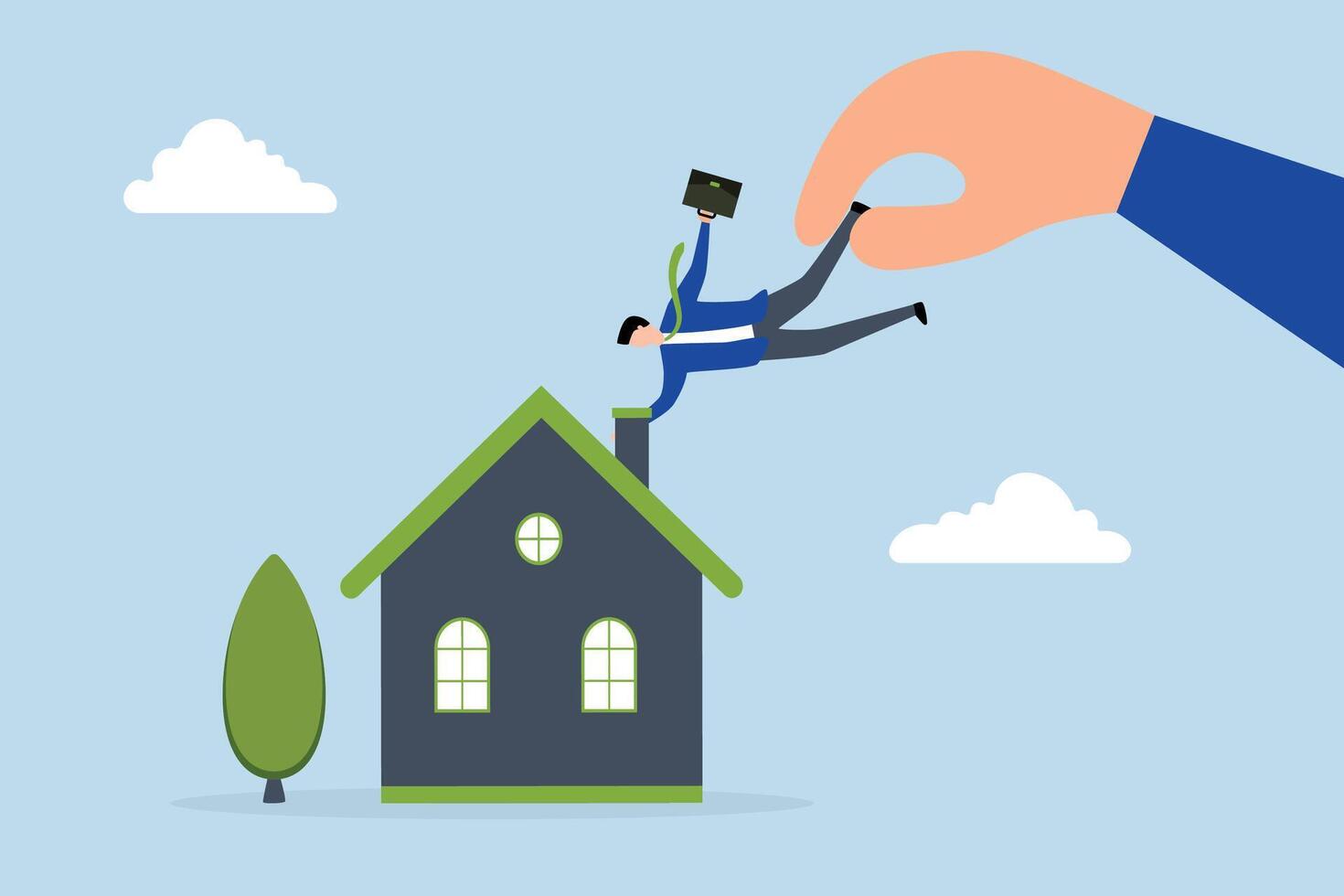 big hand of boss pulls employee from home back to work in the office. vector