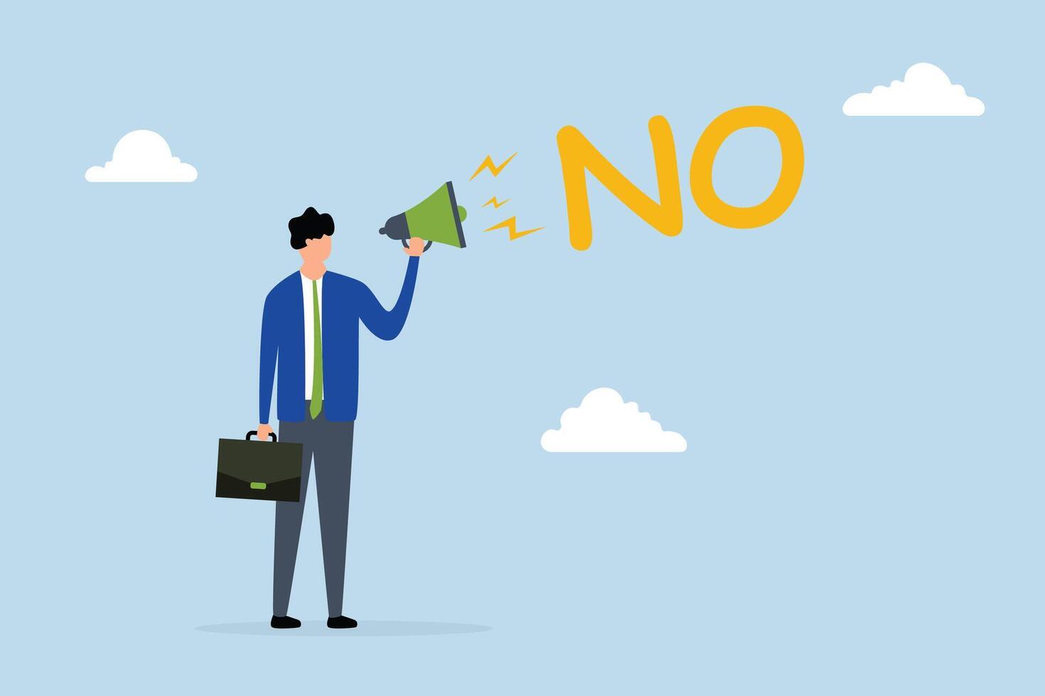 Learn to say no, confident businessman speaks loudly in megaphone with the word No to his boss. vector