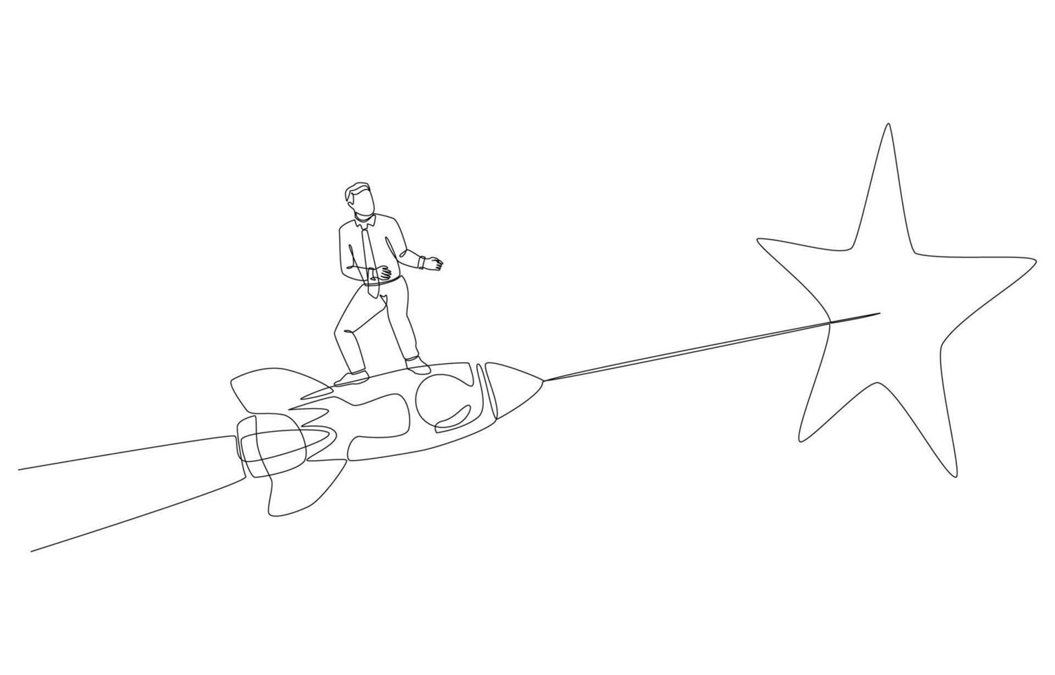 Continuous one line drawing of businessman riding rocket to reach star, ambition for successful startup, aiming for positive business feedback concept, single line art. vector