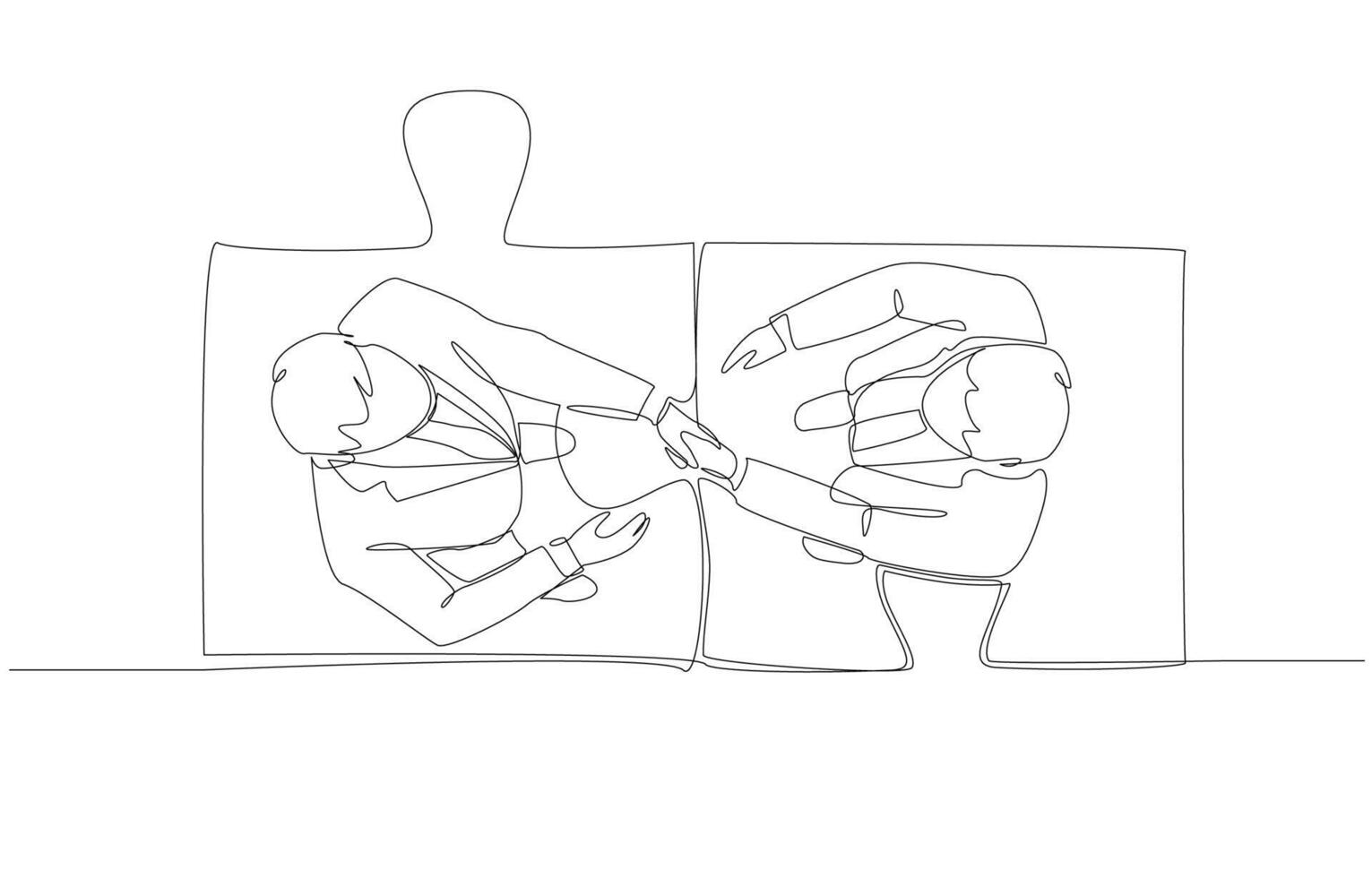Continuous one line drawing of two businessmen shaking hands on connected jigsaw pieces, partnership or working together for success concept, single line art. vector