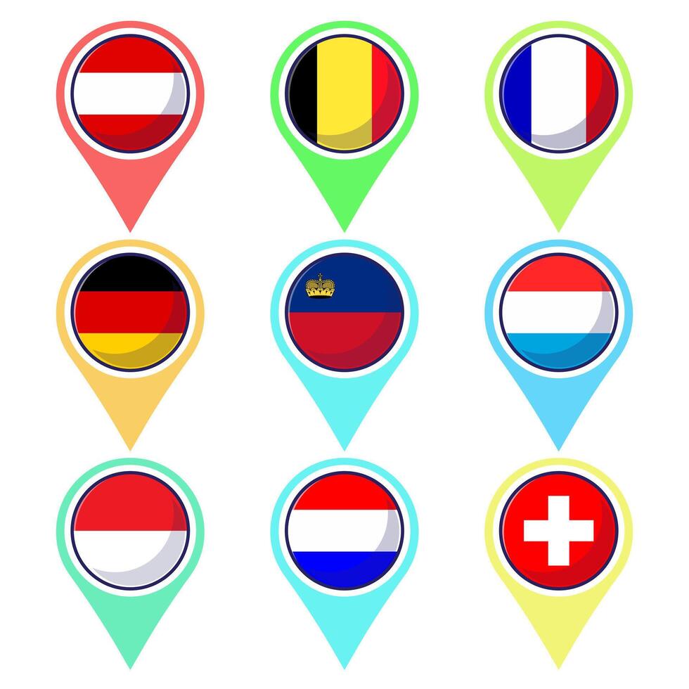 Western European Countries. Flat map element design, travel symbols, landmark symbols, geography and map flags emblem. vector
