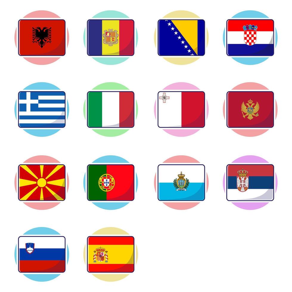 Southern European Countries. Flat rectangle element design, travel symbols, landmark symbols, geography and flags emblem. vector