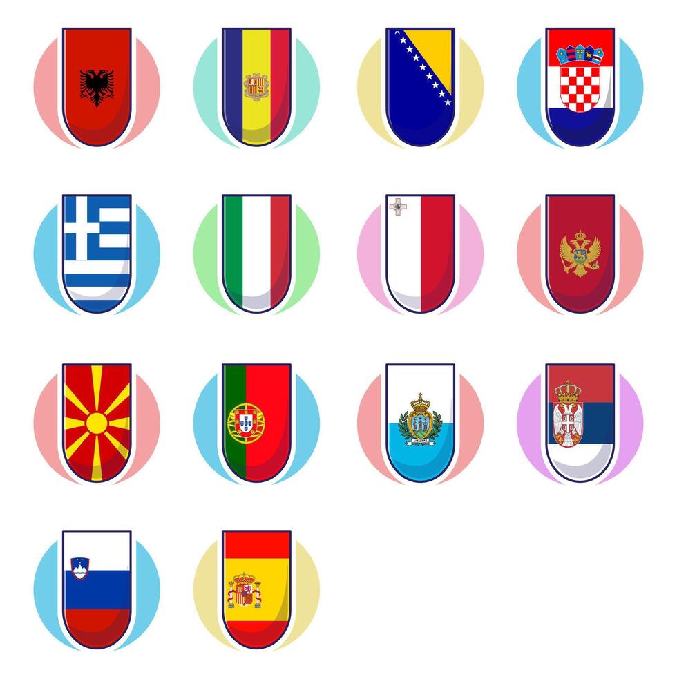 Southern European Countries Flags. Cute element design, travel symbols, landmark symbols, geography and map emblems. vector