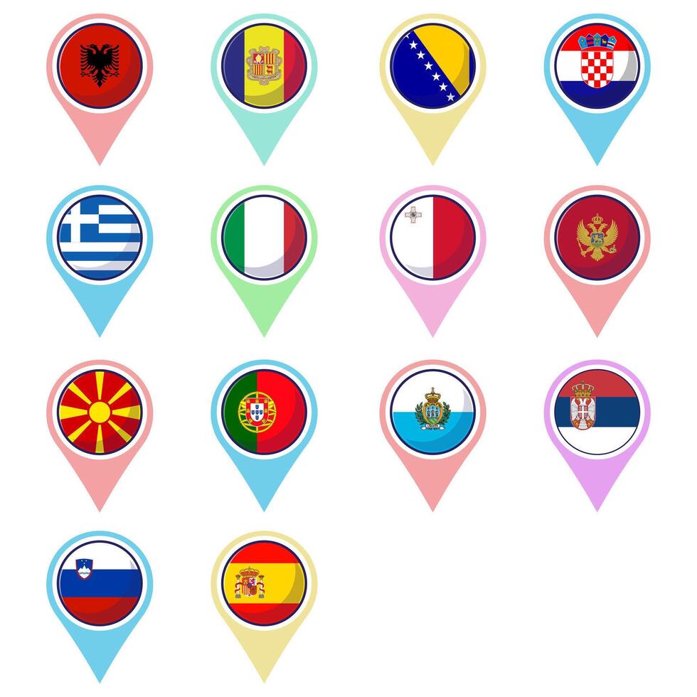 Southern European Countries Flags. Flat map element design, travel symbols, landmark symbols, geography and map emblems. vector