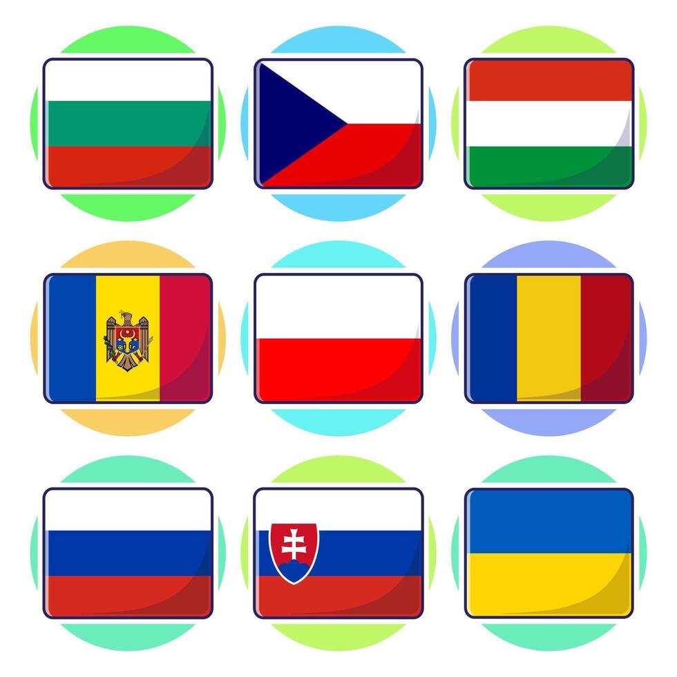 Eastern European Countries. Flat rectangle element design, travel symbols, landmark symbols, geography and flags emblem. vector