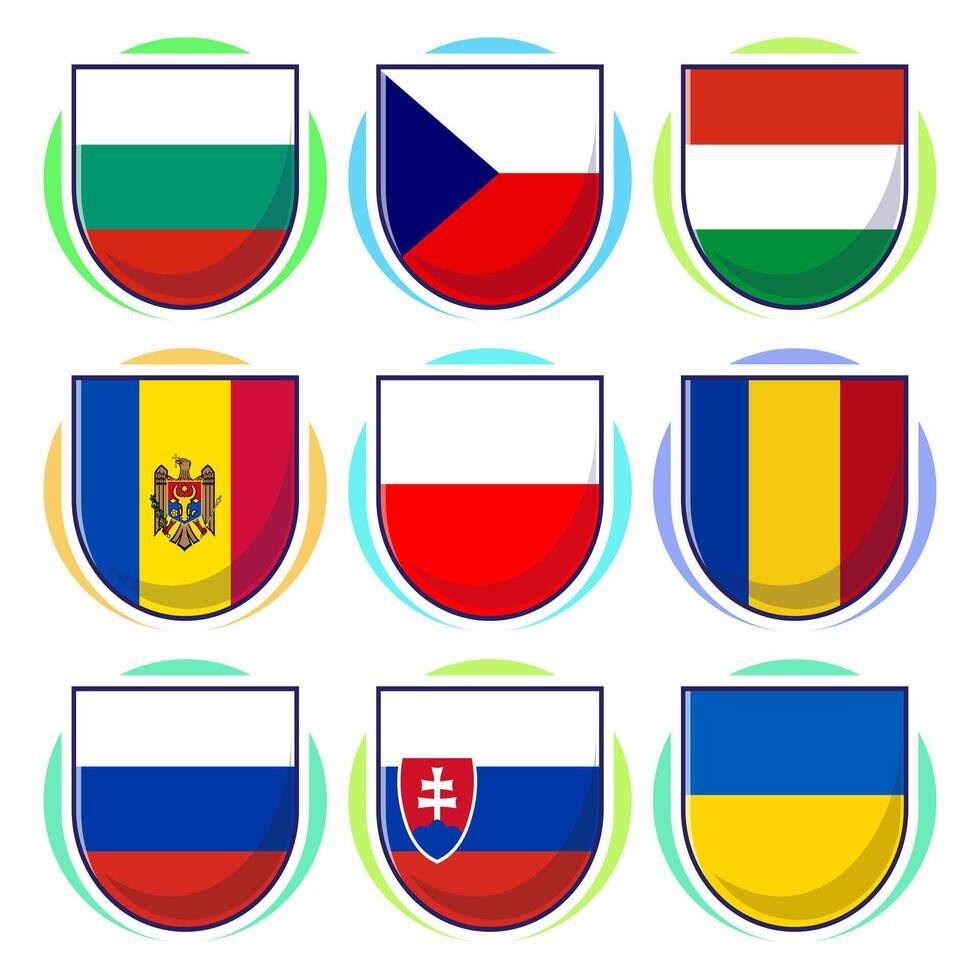 Eastern European Countries Flags. Flat cartoon element design, travel symbols, landmark symbols, geography and map emblems. vector