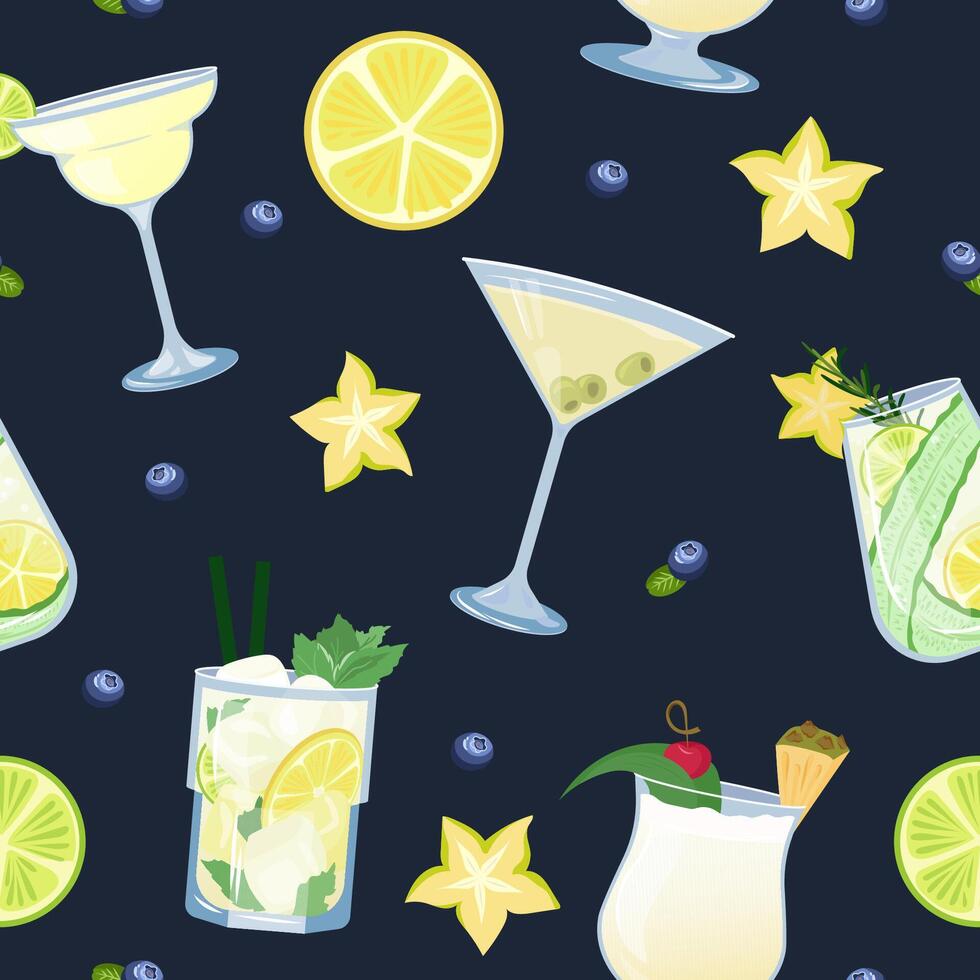 seamless cocktails and slices of fruit pattern on dark background. Summer bright design with mojito, martini, champagne, pina colada can be used for wallpaper, website, wrapping paper, fabric vector