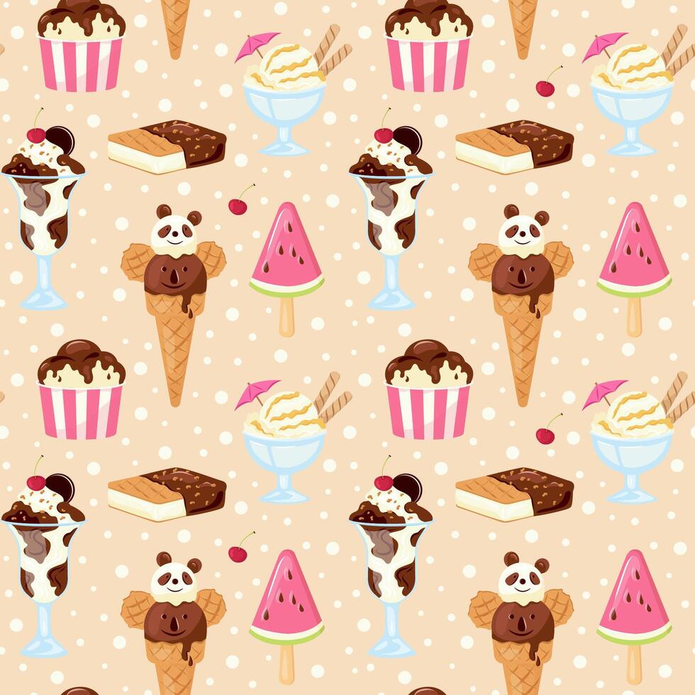 Summer vecor seamless pattern with hand drawn different ice cream. Modern sweet ice-cream popsicle with sprinkling, scoop balls in cups on beige background for fabric, textile, wallpaper vector