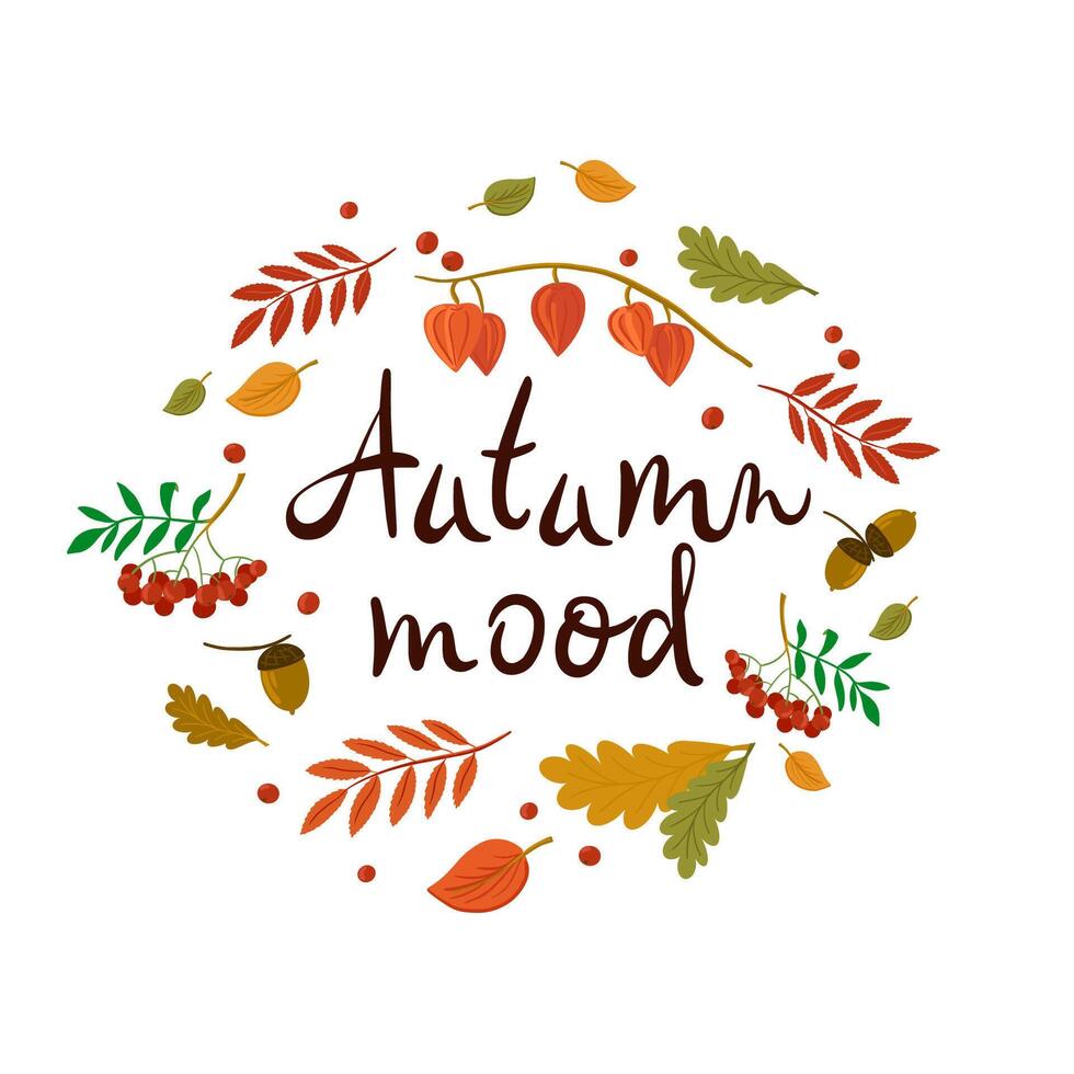hand drawn lettering of autumn mood with leaves, rowan, acorns for print, decor, textiles. Welcome to the autumn banner. vector