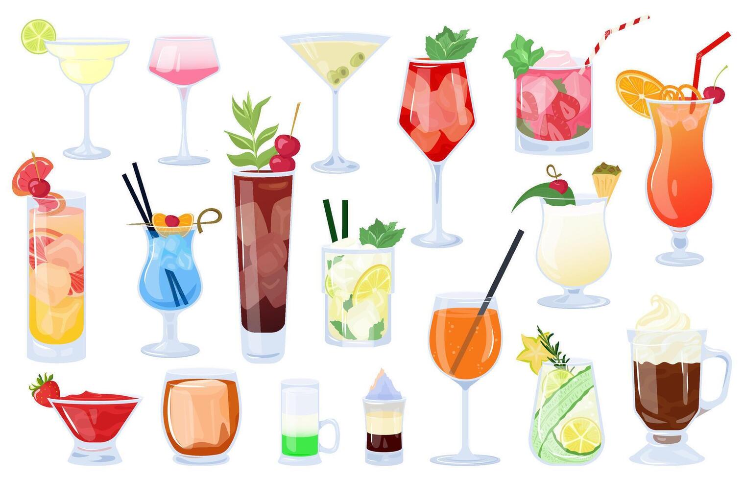 Big set illustrations of summer beach cocktails with cut fruits and ice cube for party. Alcoholic drinks mix in flat style. Daiquiri, martini, margarita, cosmopolitan, Long Island, Pina colada vector