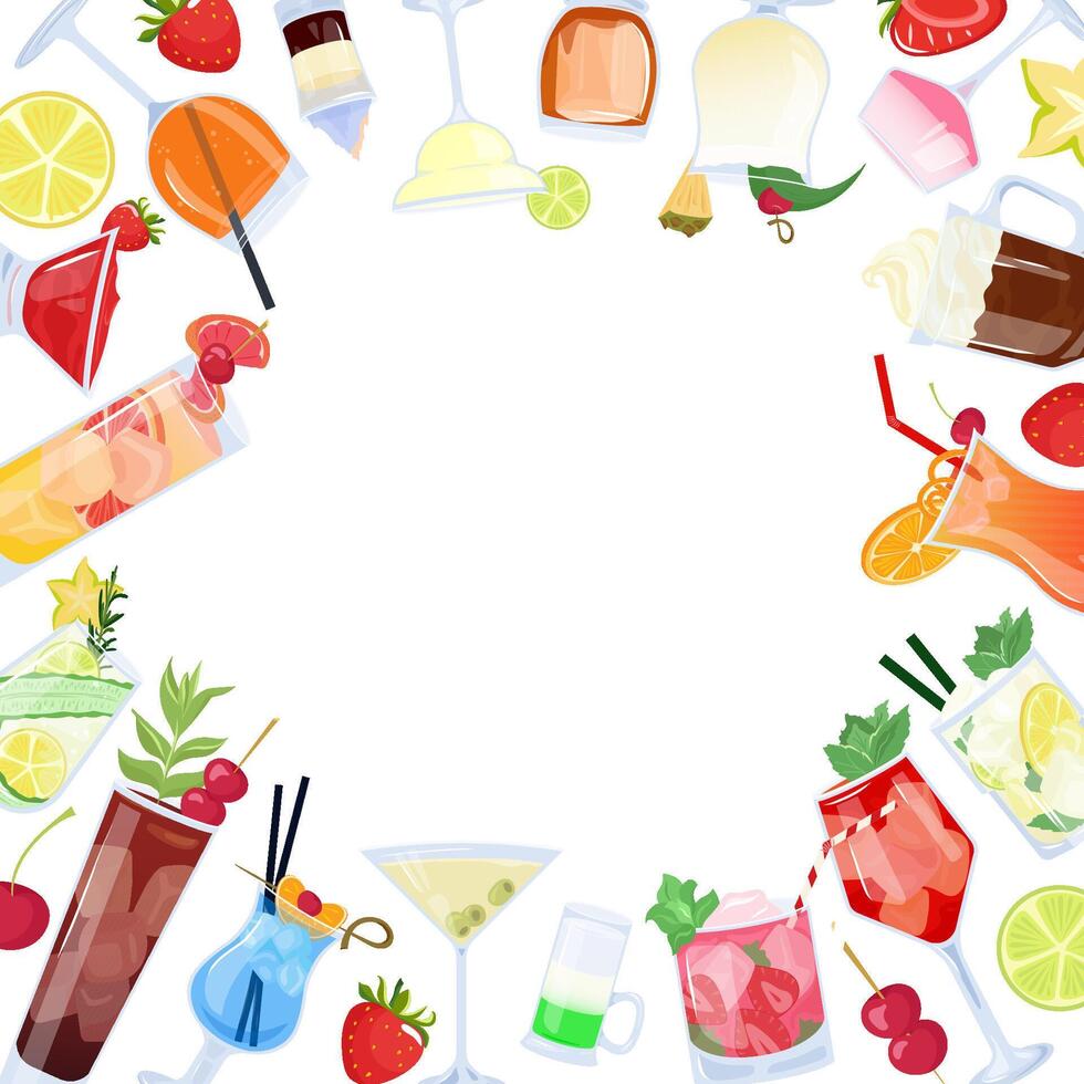 square frame of summer beach cocktails with cut fruit and ice cube for party. Alcoholic drinks mix in flat style. Flyer with Daiquiri, martini, mojito, Long Island, Pina colada, Campari, spritz vector