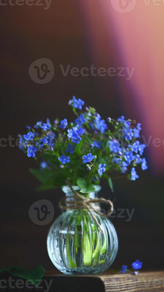 bouquet of blue forget-me-nots in a glass vase. congratulation, beautiful card for birthday, mother's day and wedding photo