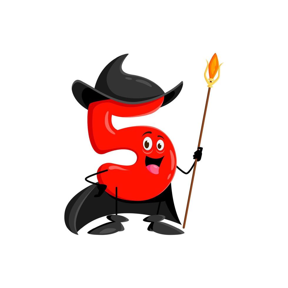 Cartoon number five wizard wields a magical staff vector