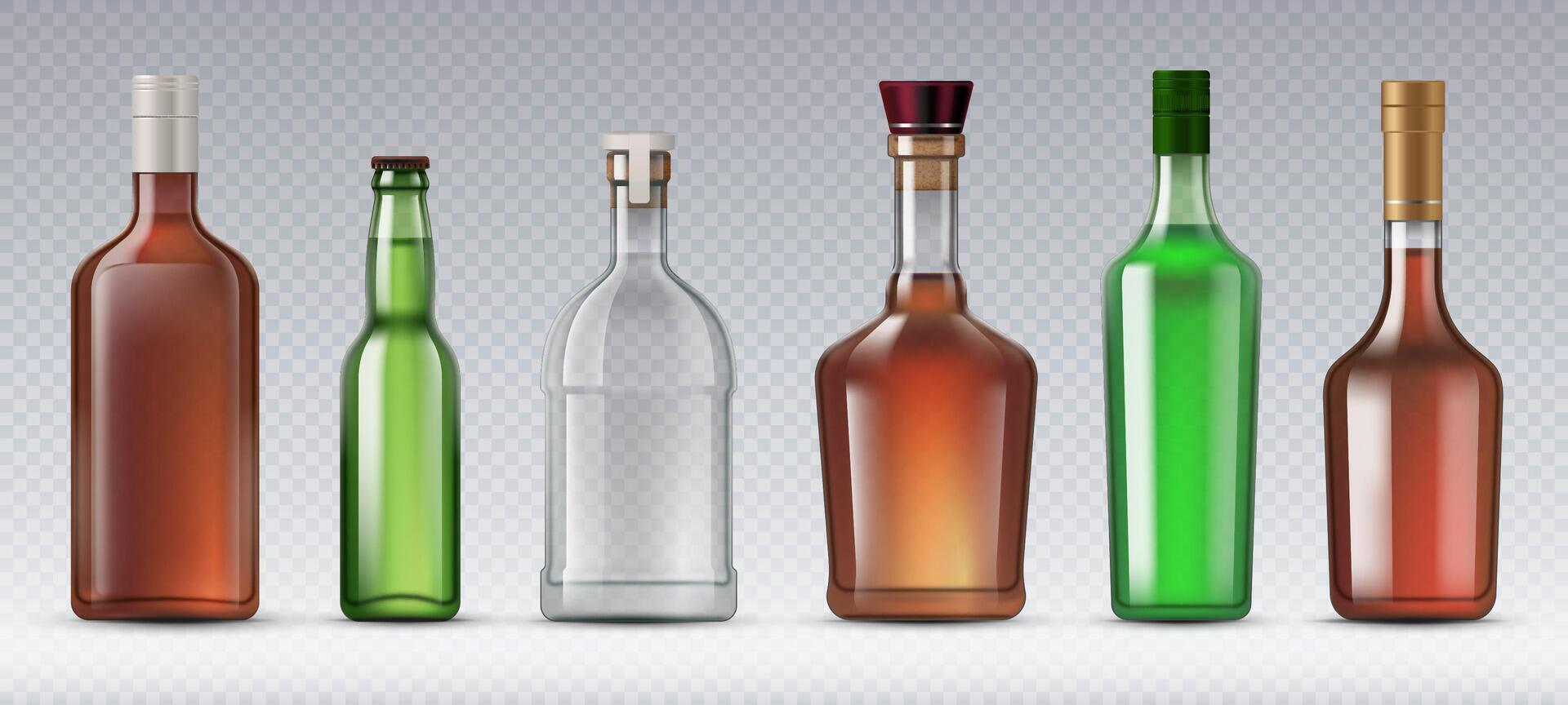 Realistic alcohol glass bottles, containers vector