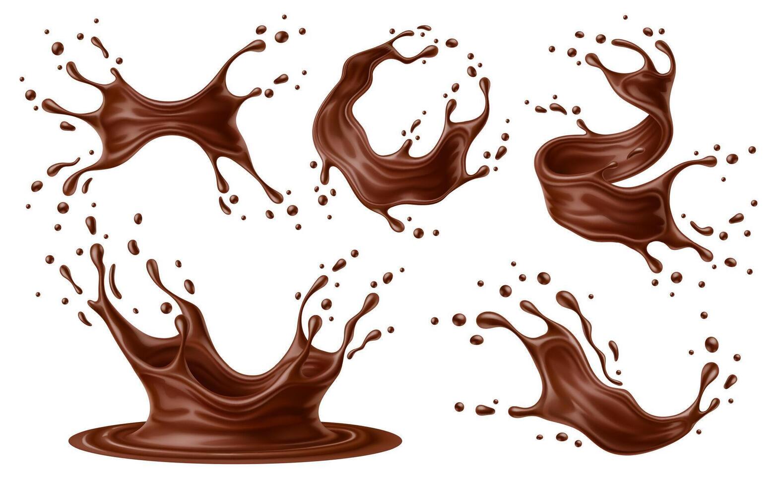 Realistic chocolate milk splash waves with drops vector