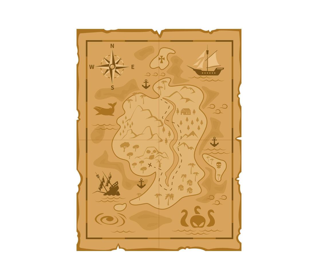 Cartoon pirate treasures map, vintage parchment vector